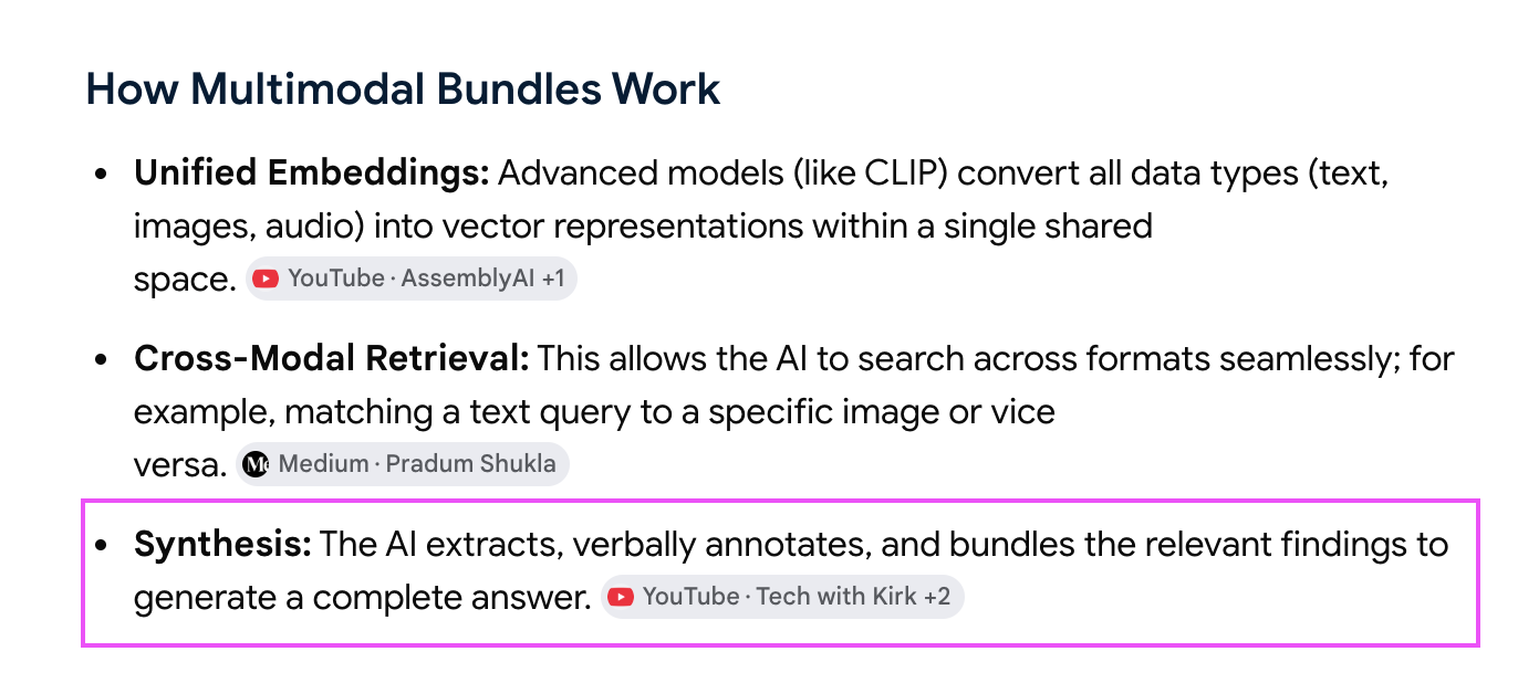 Screenshot of the AIO exemplifying the success of multimodal and rich media content in AI-generated answers.