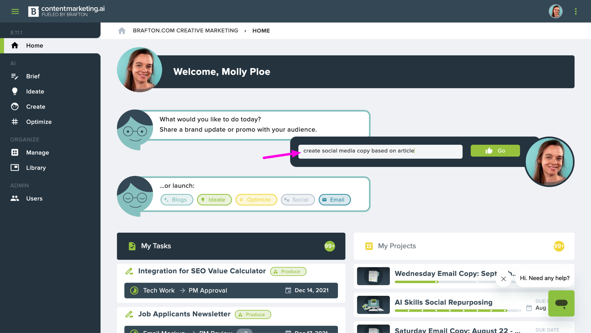3 Ways I Used contentmarketing.ai This Summer screenshot molly creating a project